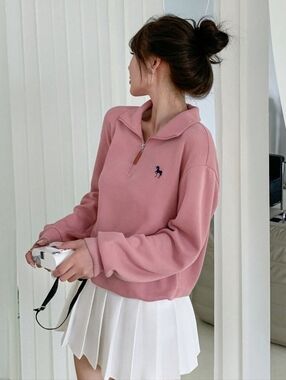 Women's Pink Half-Zip Pullover Polo Neck Sweatshirt